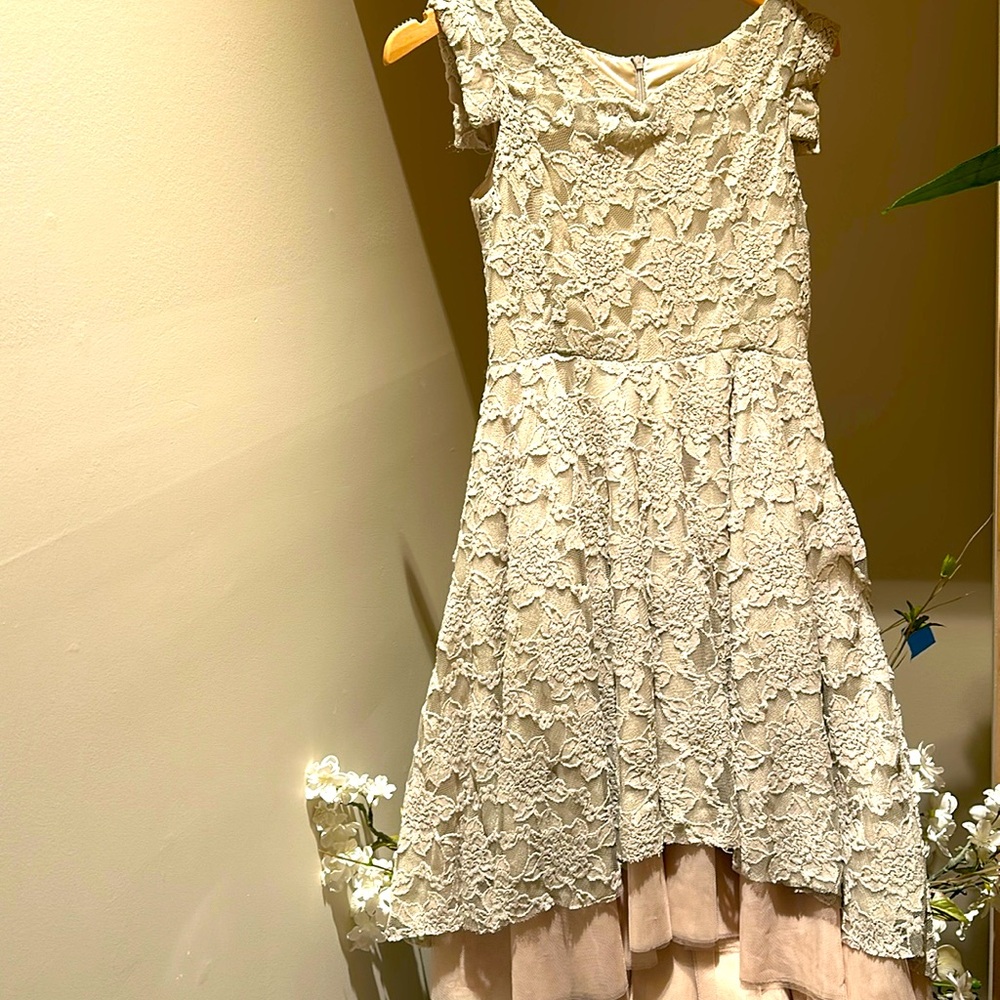 Joyfolie Elegant Teen Dress, size 10 in beige with blush underskirt.